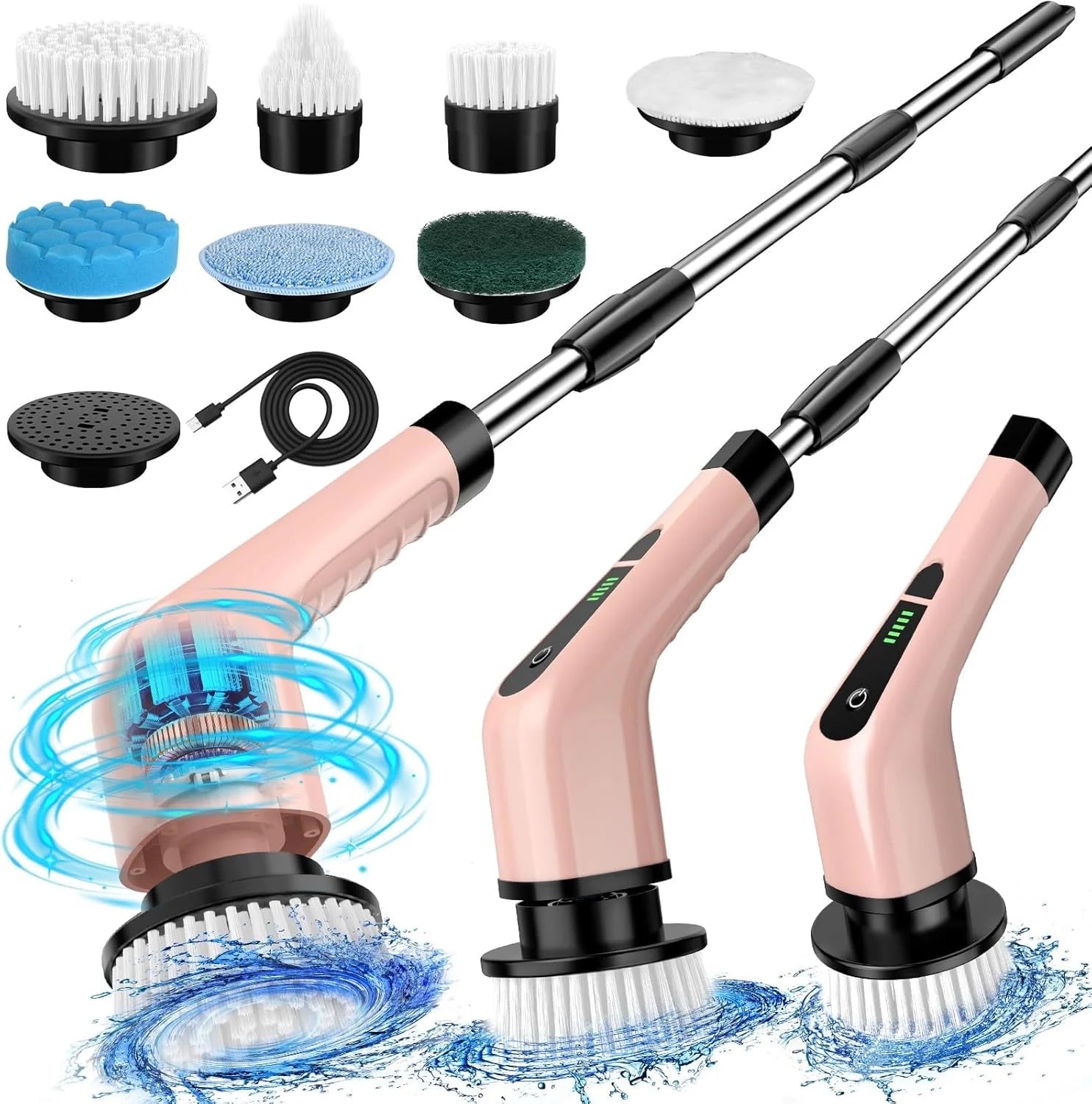 Electric Spin Scrubber, Bathroom Cleaning Brush, Pink Power Shower Scrubber with 7 Replaceable Brush Heads, 3 Adjustable Handle for Bathroom, Tub, Tile, Floor, Glass, Car